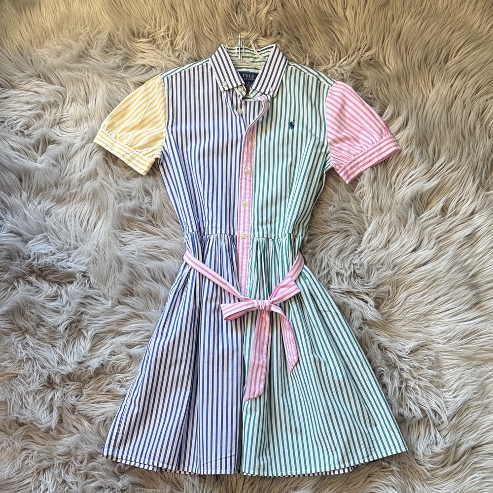 Ralph Lauren Girls’ Multicolor Striped Cotton Shirt Dress with Tie
